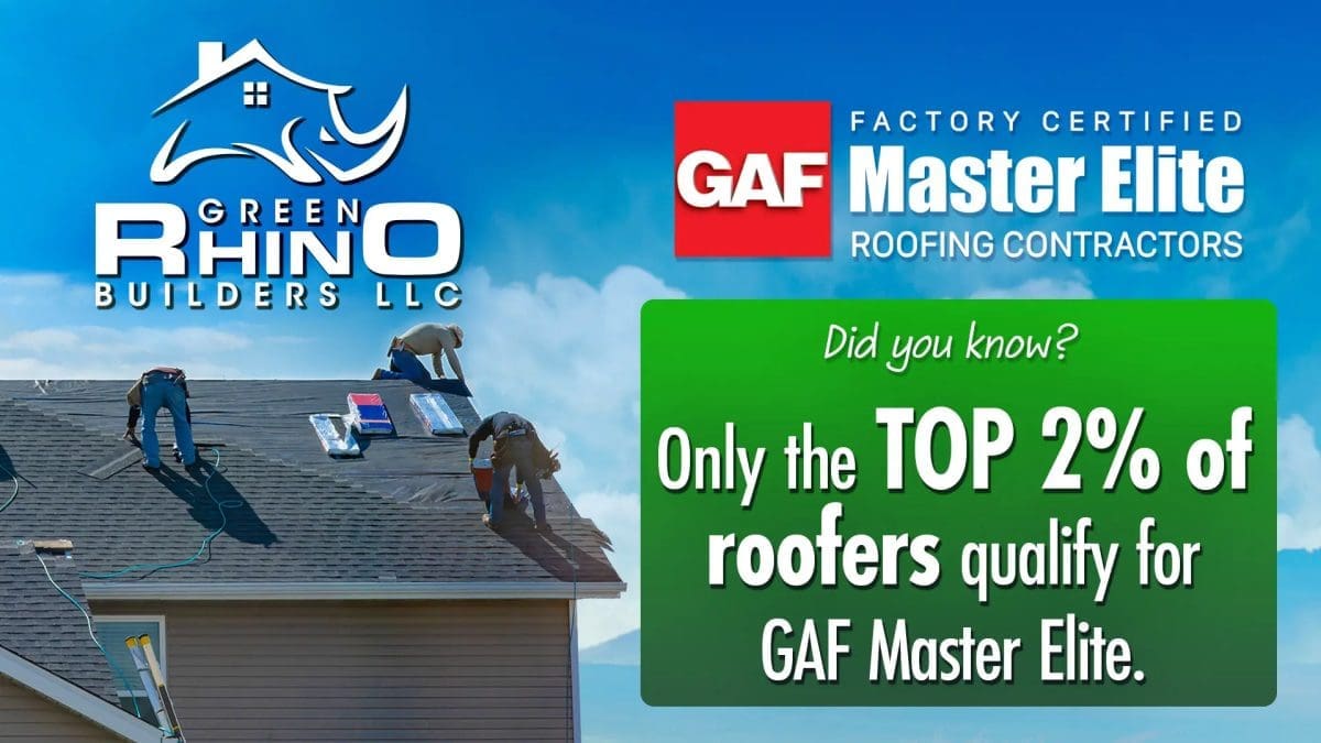 Roofers adding shingles to a roof with a GAF Master Elite Roofing Contractor logo on the image.